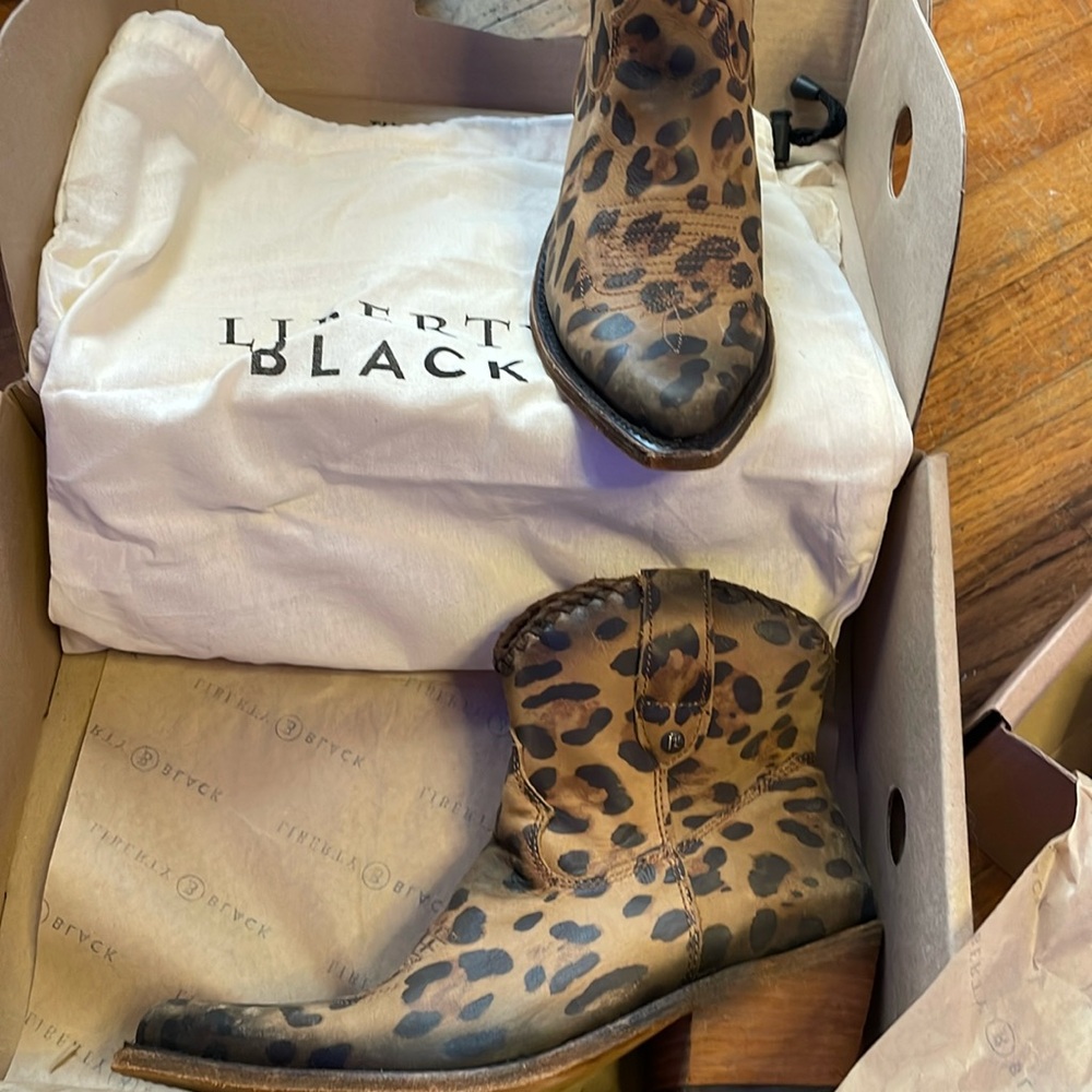 LIBERTY Black Leopard Print Leather Ankle Booties